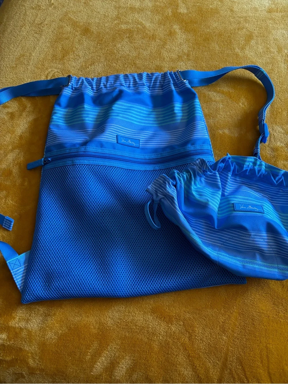 Vera Bradley Mesh Drawstring Backpack & Pouch Blue Stripe